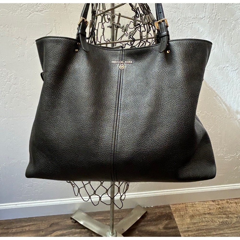 Michael Kors Lenox Black Pebbled Leather Tote Bag Gold Hardware Large